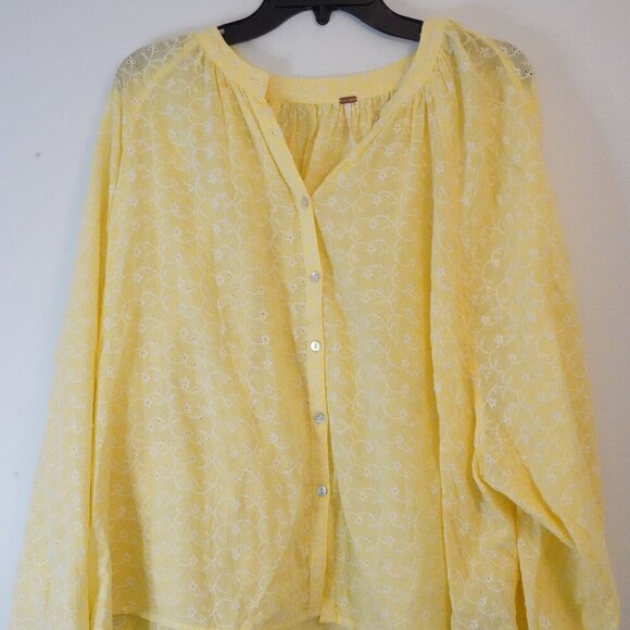 Free People, Butter Yellow, Down From the Clouds, Eyelet Long Sleeve Button Top - Picture 4 of 7